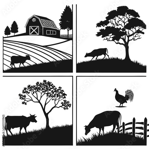 Farm landscape with grazing cow turkeys and barn silhouette isolated on white background