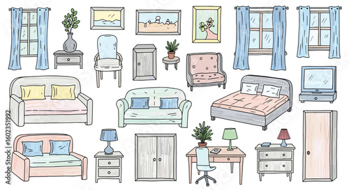 Hand-drawn furniture and interior decor elements for design. Home furnishing, living, bedroom, design, objects, space, interior, decor, elements