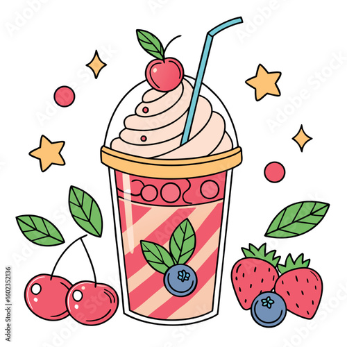 Cartoon fruit smoothie features cherries, blueberries, and strawberries with a transparent background