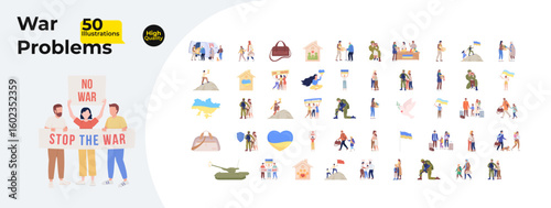 War problems and peace activism cartoon flat illustrations mega bundle. Ukrainian refugees, protests, military families, humanitarian aid 2D images isolated on white. Collection vector drawings
