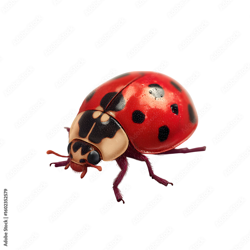 Fototapeta premium Tiny ladybug in isometric view with exaggerated cuteness and subtle shine on shell and playful style and isolated white background Batch realistic clean bright simple modern stock image isolated o