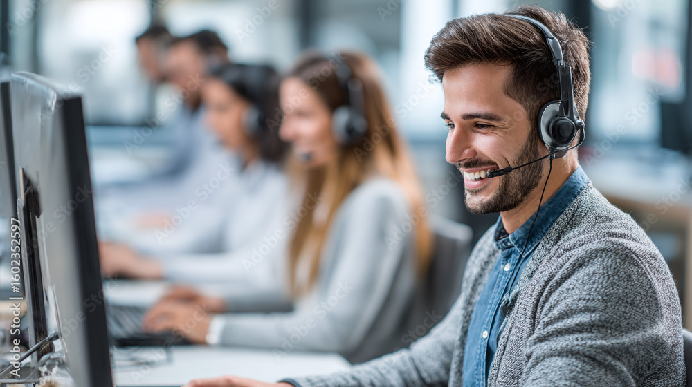 Fototapeta premium Smiling customer service agent wearing a headset, working at a computer. Colleagues are in the background. Professional office environment.