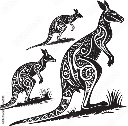 Stylized kangaroos with tribal patterns marsupial animal