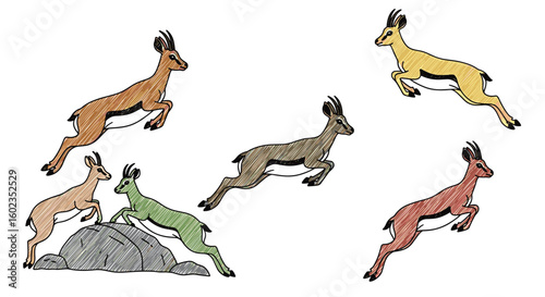 Gazelles jump and leap across rocks. Wildlife, safari, antelope, nature, mammal, animal, sketch, illustration.