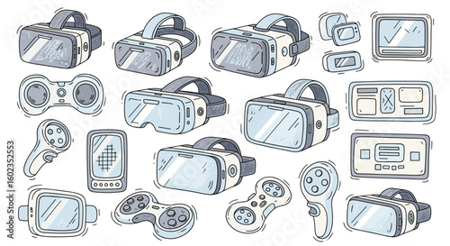 VR gadgets and controllers in digital world. Virtual reality, gaming, technology, innovation, metaverse, interactive, augmented reality, immersive, future.