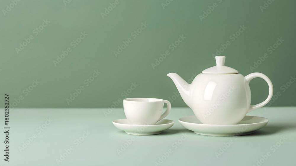 A blank white ceramic tea set on a gradient sage green background with soft shadows leaving the right side blank for text overlay spa-inspired branding design A blank white ceramic tea set on a gradient sage green background with soft shadows leaving the right side blank for text overlay spa-inspired branding design