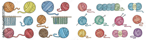 Yarn balls and knitting needles in various colors. Crafting, DIY, hobby, needlework, wool, thread, knit, knitted, handmade.