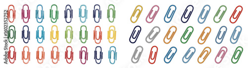 Paperclips in rows of vibrant colors are shown. Office supplies, stationery, organization, school, document management, clip art
