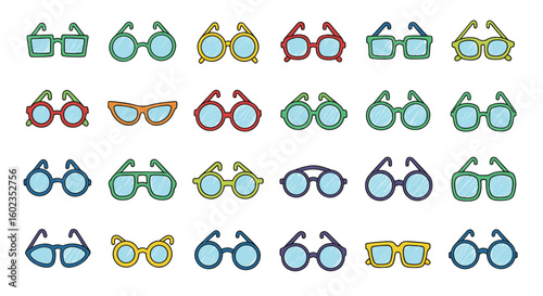 Assortment of colorful cartoon eyeglasses with various frame shapes. Optical wear, eyewear, sight, frames, fashion, style, vision, accessory, funky, retro, design, color