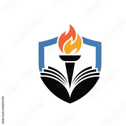 Torch of knowledge and wisdom within a shield emblem