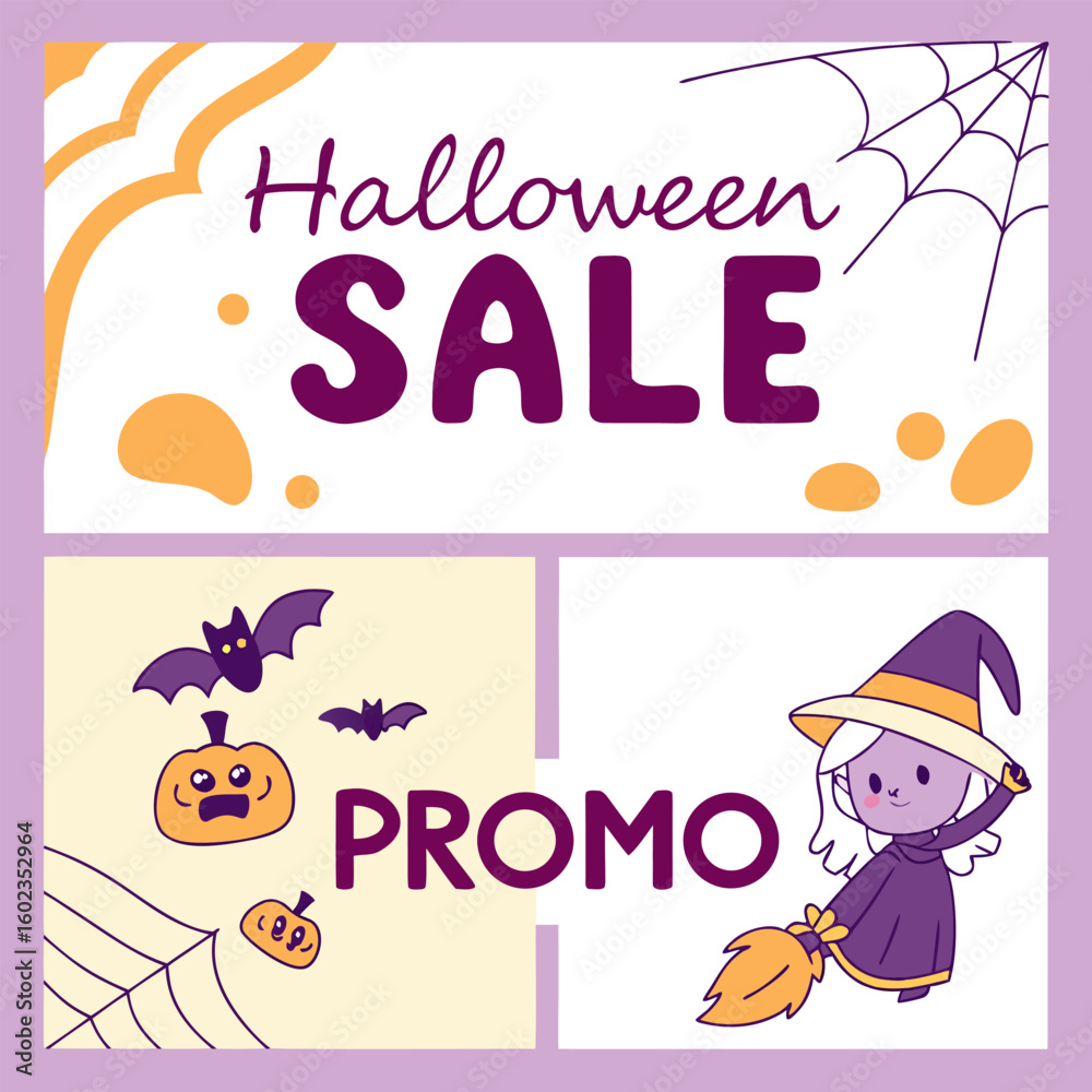 Obraz premium Spooktacular halloween sale and promo announcement featuring cute witches bats and pumpkins with festive decorations