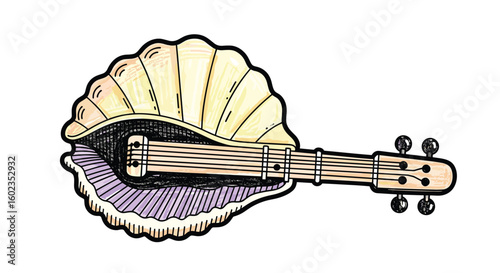 Seashell guitar illustration, music art. Fantasy instrument, handmade, seashell, music, drawing, art, creative, instrument, sea, shell, guitar, strings