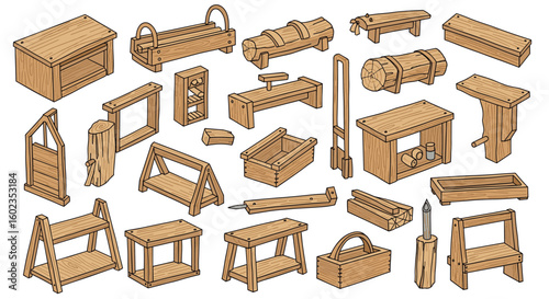 Collection of wooden carpentry tools. Handcrafted workshop, woodworking, artisanal, equipment, traditional crafts, timber, carpentry, manual labor, diy, furniture.