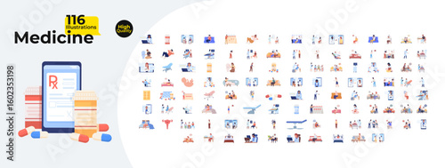 Telemedicine and healthcare cartoon flat illustrations mega bundle. Medical professionals, patient care. Pharmaceuticals, diagnosis 2D images isolated on white. Collection vector drawings colorful