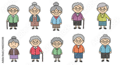 Group of grandmothers in colorful outfits. Old women, elderly, cartoon, family, characters, drawing, age, retirement