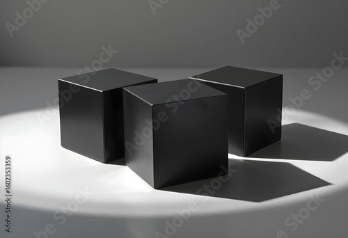 Multiple black geometric blocks arranged in landscape orientation showcasing horizontal composition principles and spatial harmony for contemporary interior design and architectural concepts