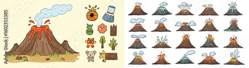 Cartoon volcanoes erupting. Cute volcano illustrations set. Volcanoes, eruption, drawing, magma, lava, smoke, mountain