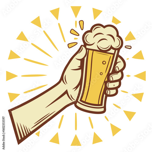 Raised hand holds a foamy beer mug against celebratory bursts with transparent background