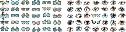 Glasses and eyes collection. Vision, eyewear, sight, face, optical, ophthalmology, fashion, style, accessory, protection, human, look, view, gaze, seeing.
