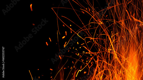 Vibrant flames and sparks captured dynamically against a transparent backdrop, radiating energy.