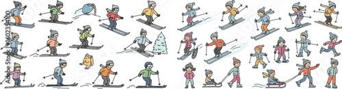 Kids play in winter snow. Activities include skiing, skating, sledding, and snow play. Winter fun, recreation, holiday, childhood, activity, happiness.
