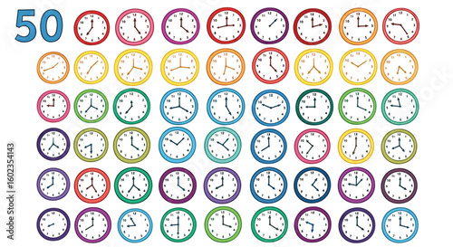 Colorful clocks show various times. Time telling, watches, schedule, education, learning, counting, mathematical, clockfaces, timepieces, teaching, concept