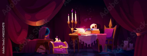 Mystical fortune teller room scene - dark purple interior with candelabra, open spellbook on draped table, treasure chest, crystal ball and magical curtains for psychic reading or wizard background.