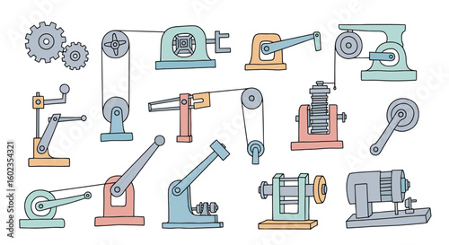 Cartoon drawing of mechanical machine elements. Engineering, mechanics, gears, pulleys, levers, machine, technology, equipment, illustration.