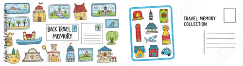 Travel postcards with landmarks, memories. Tourism, journey, vacation, sightseeing, destination, collection, souvenirs, scrapbook, travel memories, culture, postcard art.