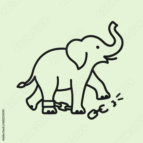 Cartoon elephant walking with chain and broken shackles on green background  