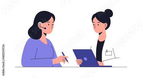 Woman with hearing aid consulting doctor using tablet in clinic  