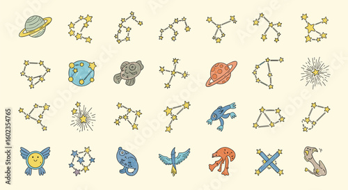 Cosmic doodles illustration with constellations and planets. Astrology, astronomy, space, zodiac signs, universe, galaxy, celestial, hand drawn, celestial bodies