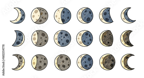 Phases of the moon are sketched in rows. Astronomy, lunar cycle, science, celestial, night, darkness, illumination, crescent, gibbous, full, new moon, waxing, waning