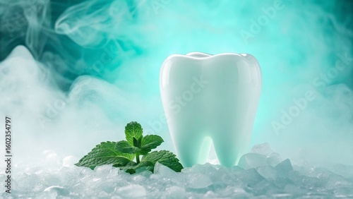 A radiant white tooth model emerging from a bed of ice cubes with cool, misty vapor swirling around it, symbolizing extreme freshness, cooling sensation, and advanced dental care.

