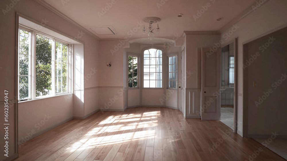 Obraz premium Bright room with natural light streaming through the windows and a chandelier adding elegance. Light wooden flooring creates a warm and inviting atmosphere.