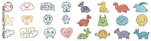 Collection of whimsical doodle drawings. Cute monster cartoons, happy childish icons, fun doodles, funny characters, sketch.