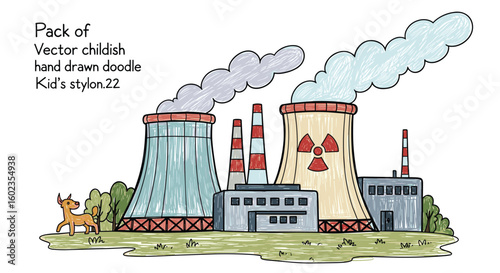 Cartoonish nuclear plant and animal, childish doodle style. Nuclear power, factory, pollution, energy, environment, danger, industry.