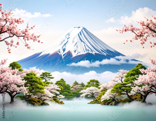 a dreamy, surreal landscape featuring a snow-capped mountain