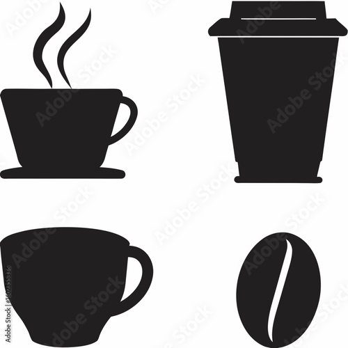 Four coffee related icons featuring a steaming cup, a to go cup, a mug, and a coffee bean icon created with generated ai