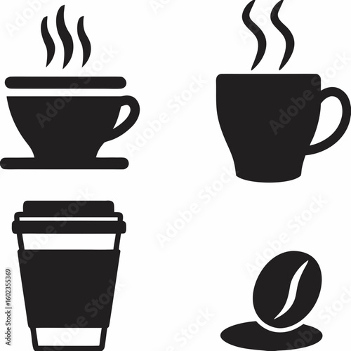 Illustration of four coffee related icons including two cups with steam a to go cup and a coffee bean created with generated ai