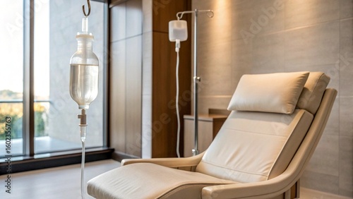 A luxurious and inviting chair with IV bags hanging, suggesting a high-end wellness clinic or a private hospital room focused on patient well-being and recovery