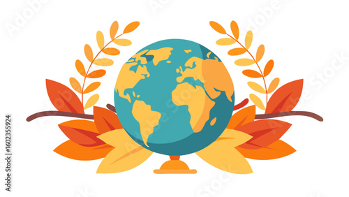 World globe surrounded by golden autumn leaves