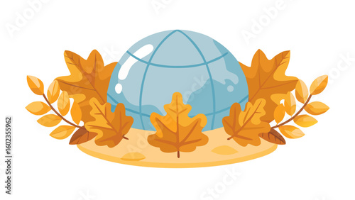 Globe with map and autumn leaves around