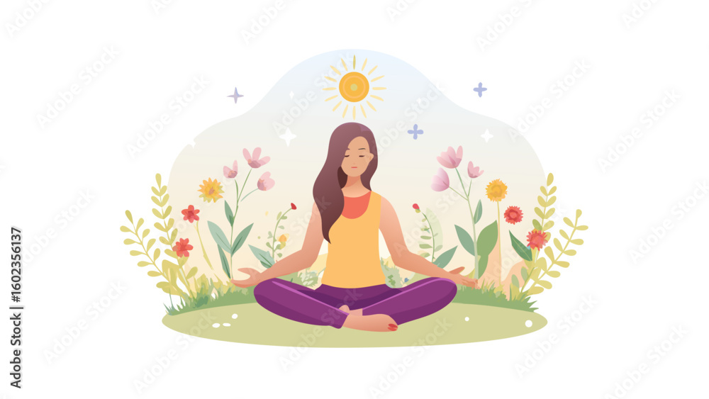 Obraz premium Woman meditating in nature with sun and flowers