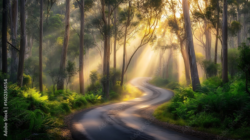 Fototapeta premium Sunlit winding forest road with soft morning rays creating a peaceful natural landscape 