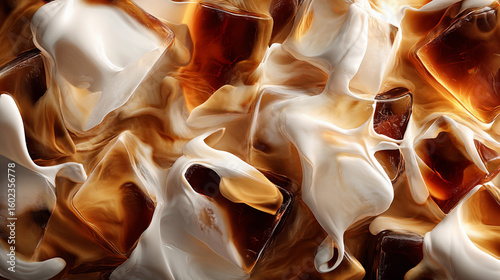 Creamy coffee drink with ice and swirling milk creating a rich flavor experience in a refreshing beverage setting. Abstract background.