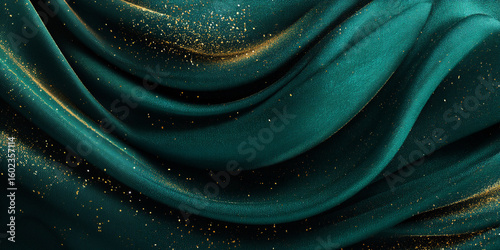 Soft emerald fabric adorned with sparkling golden accents creating an elegant texture suitable for various decor and fashion applications