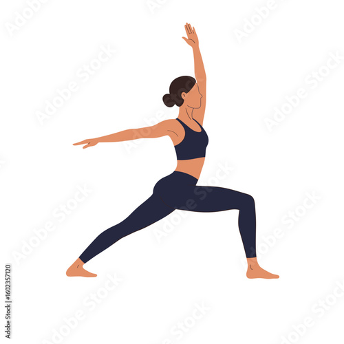 Woman practicing yoga in warrior pose with raised hand  