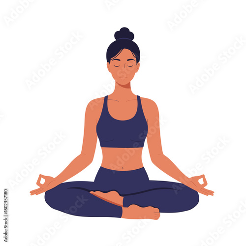 Young woman meditating in lotus position with closed eyes indoors  