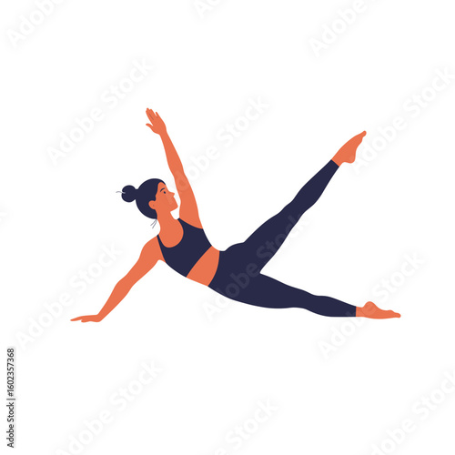 Young woman practicing yoga in dynamic pose against white background  